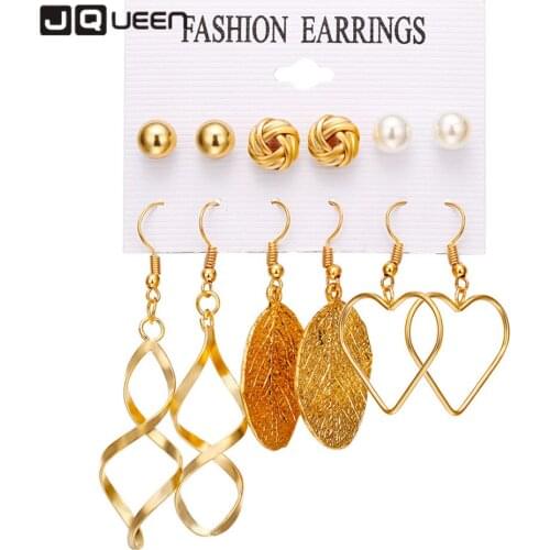 JQUEEN Gold Color Fashion Leaf Long Tassel Earrings Set Women Crystal Vintage Round Ball Earrings Brincos Statement Jewelry