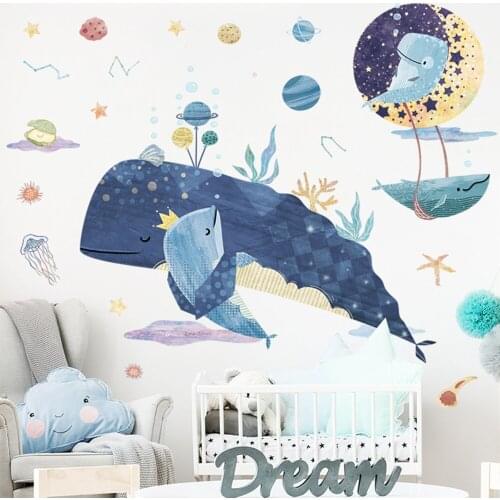 Whale Mother and Baby Wall Stickers Nursery House Decoration DIY Sea Marine Animal Wall Decals for Kids Rooms Living Room Decor