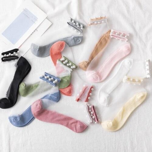 Lace pearl socks shallow mouth Japanese summer thin glass crystal silk transparent ultra-thin boat socks