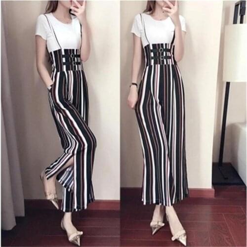 Summer New Korean version of the high waist striped strap piece two sets of bibs wide leg pants suit female