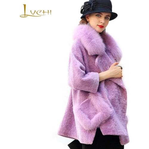 LVCHI Red Fashion Bodycon Wool Fur Coats 2019 Winter Thick Warm Fur With Fox Fur Collar Whole Ladies Wool Fox Coats Plus Size