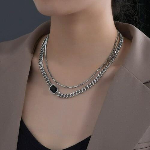 Trendy Black Zircon Double Necklace Sliver Color Stainless Steel Couples Choker Pendant For Boyfriend Women Party Jewelry Gifts