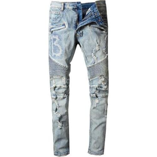 New Mens male vintage light blue holes ripped biker jeans for motorcycle Casual pleated torn stretch denim slim pants trousers