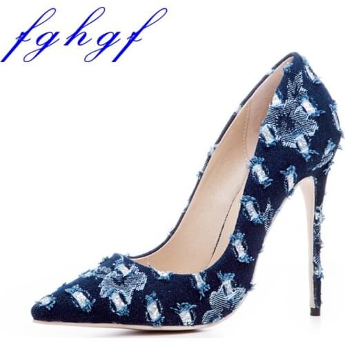 Fghgf New The wedding shoes, which are 12cm high and fashionable and sexy, have silver sequins in the denim hole, 5-10.5 sizes