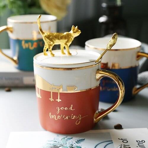 Creative 3D personality cup ceramic mug with lid spoon cat cup couple water cup coffee cup men and women teacup cute cup CL82603
