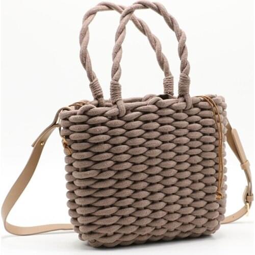 2019 thick Cotton Rope Straw Bag Women Fashion Woven Handbag Solid Color Female Square Shoulder Bag Beach Bags Bolsas Femininas