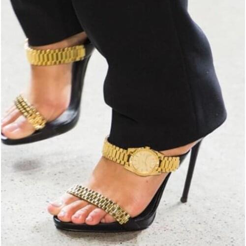 Luxury Gold Watch Strap Sandals Studded Metal Chain Decor Gladiator Dress Shoes Hollow High Heel Party Dress Shoes Size 10