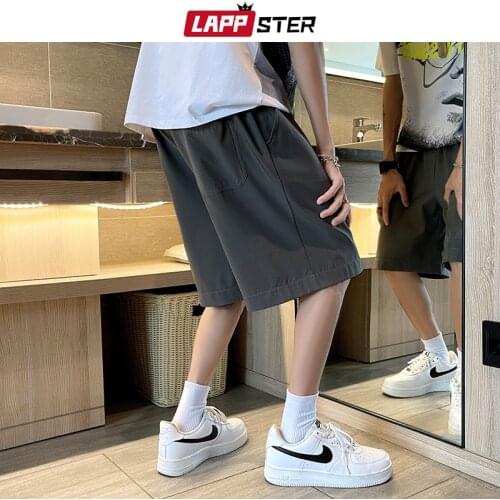 LAPPSTER Men Harajuku Solid Korean Fashion Causal Shorts 2021 Summer Mens Streetwear Basketball Shorts Male Vintage Sweat Shorts