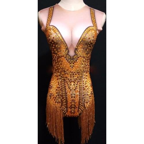 Sexy Jazz Dance Golden One-Piece Stage Costumes For Bar Dancers Pub Singer Performing Show Gold Tassels Females Costumes DJ204