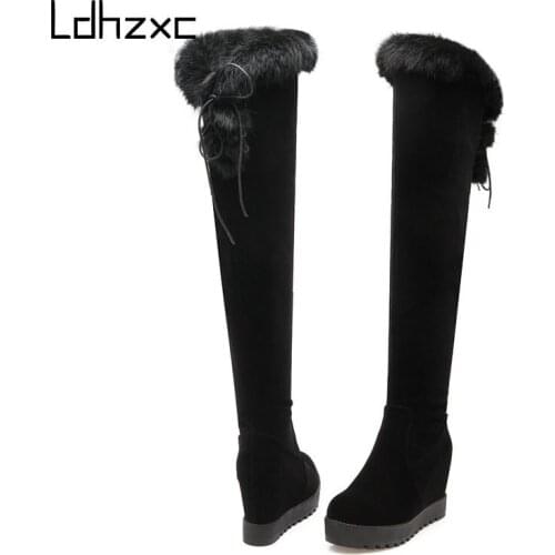 LDHZXC Pu Leather Over The Knee High Boots Women Autumn Winter Platform Heel Ladies Shoes Woman Black Round Toe Boots