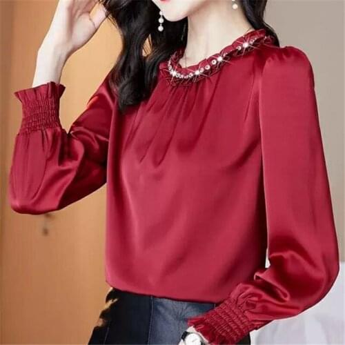 High-End Satin Shirts Women Long Sleeve Spring Autumn Temperament Beading Loose Blouses O-Neck Elegant Blusas Tops MM0846
