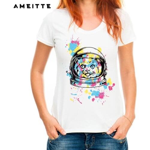 AMEITTE 2019 Summer Tops Funny Astronaut Cat Print T Shirts Base O-Neck Short Sleeve Women Tshirt All-match White Tee Shirt
