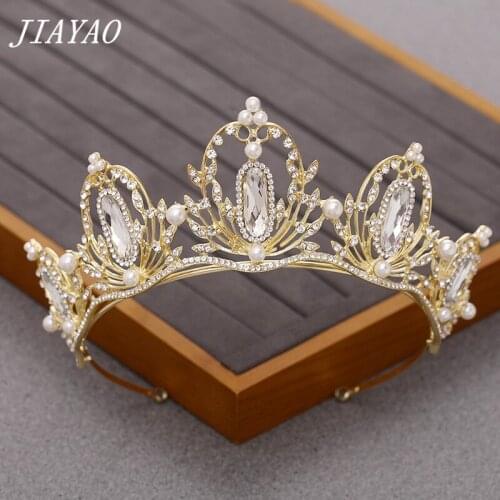 Royal Crown Princess Bride Tiara Wedding Hair Accesspries Pearl Crystal Wedding Crown Headpiece Golden Bridal Hair Jewelry