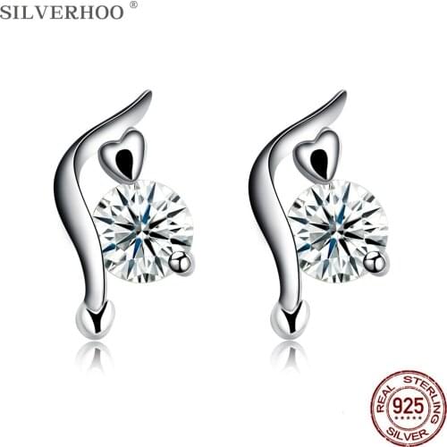SILVERHOO Irregular Line Heart Earrings For Women 925 Sterling Silver Round 5A Cubic Zirconia Stud Earring Fine Jewelry Gift