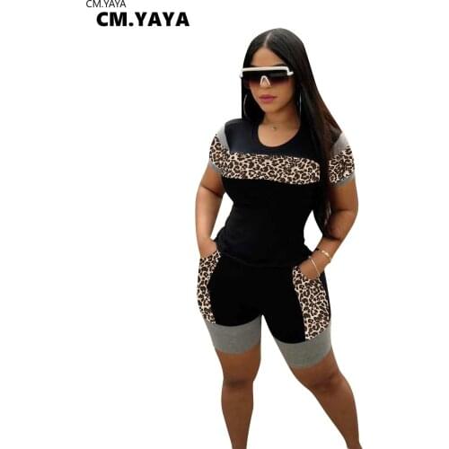 CM.YAYA Sport Leopard Splicing Women Set Two Pieces Set Tracksuit Crop Top Shorts Jogger Sweatpant Suit Outfit Matching Set