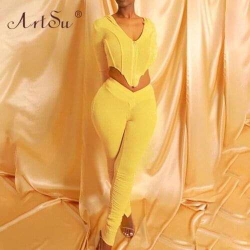 ArtSu Long Sleeve Autumn Activewear Tracksuit Women Zipped Long Sleeve Crop Tops And Long Pants Two Piece Set Casual Outfits