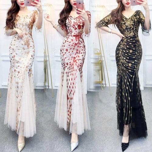 2021 New High-End Elegant Slim Sequined Mesh Mermaid Evening Dresses Lady Fashion Full Length Vestido Bling Prom Robe De Soiree