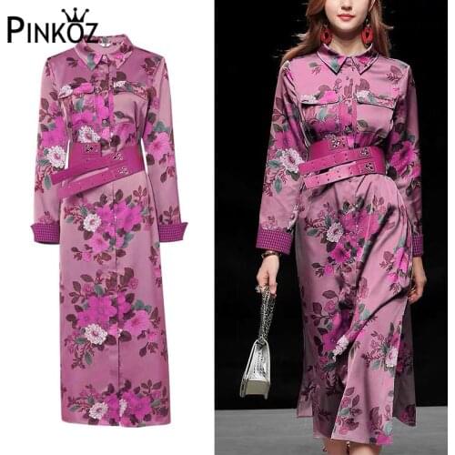 Pinkoz Plus Size Corset Long Sleeve Midi Purple Dresses Ladies Flower Streetwear Retro Dress Print Floral Vintage Dress Belt