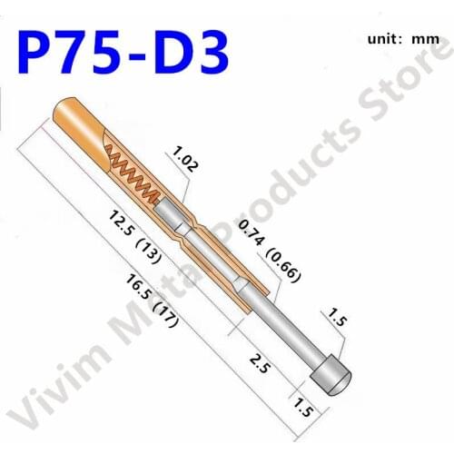 100PCS P75-D3 Gold-Plated Spring Test Probe Length 16.5MM Round Head Dia 1.5mm pin For Detection Test Tool