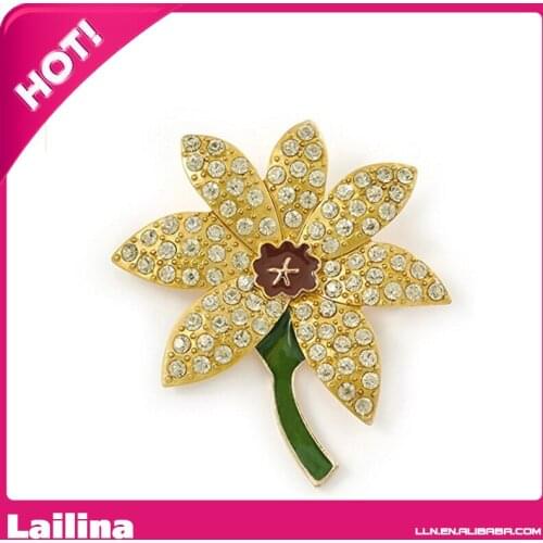 20pcs / lot Free Shipping Yellow / Green Enamel Flower Brooch With Rhinestone Crystal And In Gold Plating