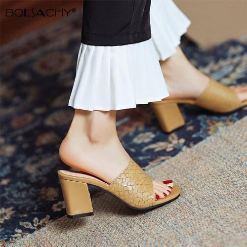 2021 Summer Fashion PU Leather Women Slippers High Heels Mules Slides New Sexy Square Toe Apricot White Black Sandals Shoes32-43
