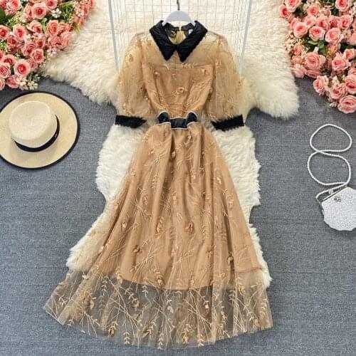 2021 Summer New Retro Temperament Embroidered Lace Lapel Dress Slim Hollow Long Party Dress Fashion Light Luxury Clothes zh1352