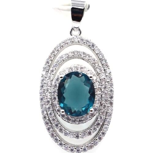 41x19mm Lovely Created London Blue Topaz Pink Kunzite White Zircon Gift For Girls SheCrown Silver Pendant Daily Wear