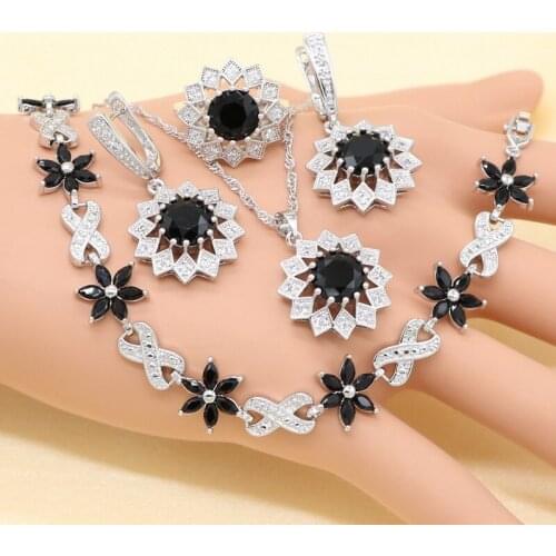XUTAAYI Cubic Zirconia Black Earring Necklace Ring Bracelet Silver colorcolor Jewelry Set For Women