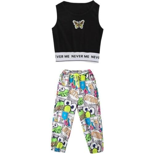 Kids Girls Two Piece Clothes Set Summer Fashion Butterfly Embroidered Vest Short Sleeve T-shirt and Harem Pants Hip Hop Style