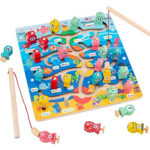 Kids Wooden Montessori Toys Magnetic Fishing Game Baby Puzzle Teaching Aids English Cognition Early Educational Interactive Toy