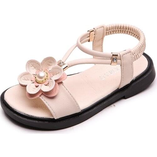 Kids Sandals Girls Summer Sweet Flower Pearl Beach Sandals 2020 Fashion Children Soft Bottom Comfortable Princess Shoes 26-36