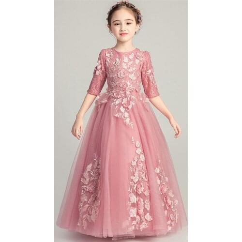2021Summer Spring Elegant New Children Girls Chinese Style Florals Half Sleeves Birthday Wedding Party Princess Fluffy Dress