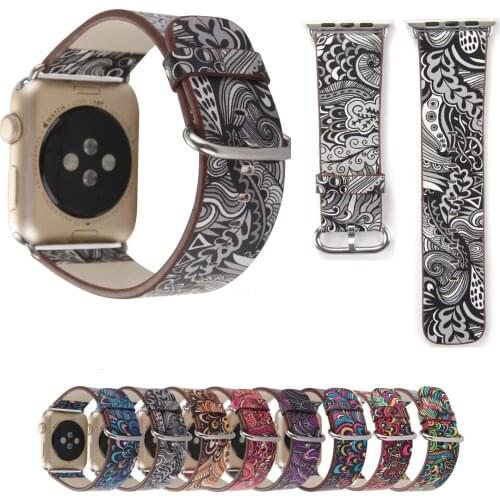Colorful Retro Floral Watch Strap for Apple Watch Band Flower Print Leather Watchband for iWatch 42mm 38mm with Connector