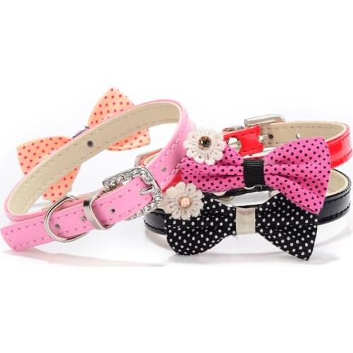 Cute Wave Point Dots Dog Bow Tie Pet Tie Puppy Pu Leather Collars Necklace Neck Tie Strap Adjustable Pet Dogs Accessories