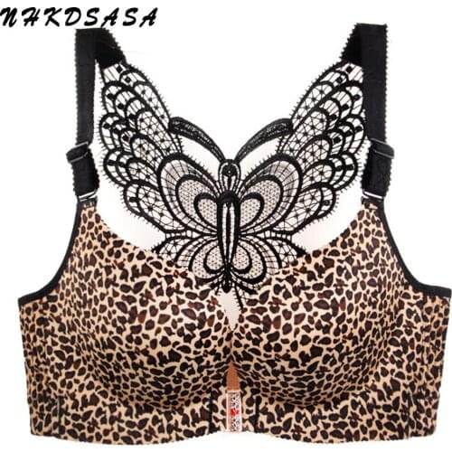NHKDSASA Plus Size Bra For Women Big Breast Seamless Sexy Push Up Bra Front Closure Leopard Brassiere Backless Bralette D E 120