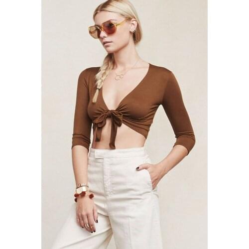Summer New Sexy Girls V Seven-Point Cuff Tie Brown Blouse