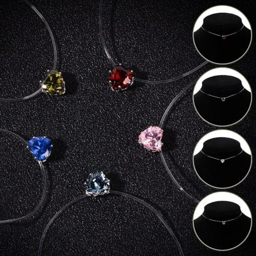 Heart-Shaped Transparent Fishing Line Necklace for Women Teardrop Rhinestone Pendant Invisible Clavicle Choker Chain Jewelry