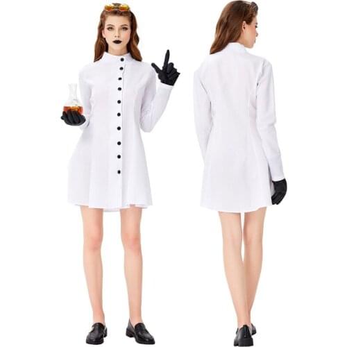 Halloween Professional Cosplay Costume Women Girl White Long Sleeve Scientist Doctor Nurse Chef Dress Stage Show Clothes C55M204