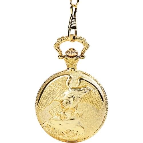 8965Luxury vintage gold carved eagle wings vintage pocket watch and waist chain mens and womens accessories