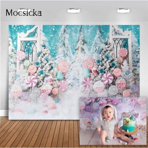 Sweet Candy House Backdrop for Photography Newborn Children Cake Smash Portrait Background Winter Snow Pine Tree Forest Props