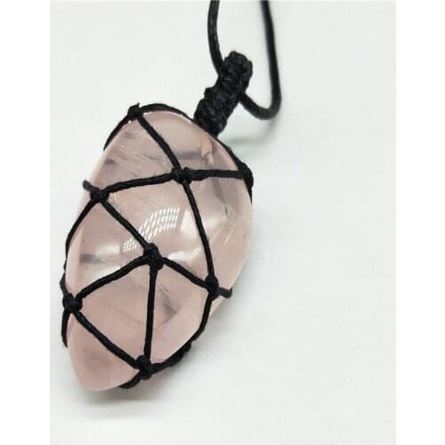 Unique Water Drop Shape Natural Rose Pink Quartz Crystal Stone Pendant Necklace Black Braided Rope Wrapped Crystal Necklace