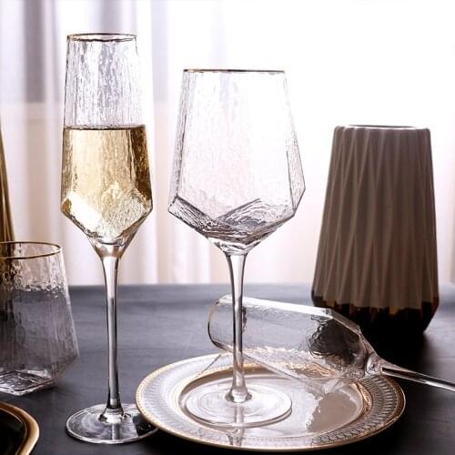 Wine Glasses Goblet Diamond-Shaped Hammered Gold Glass Cup Nordic Vintage Crystal Champagne Glass Diamond Glass
