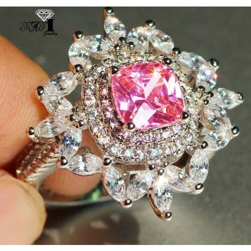 YaYI Jewelry Fashion Princess Cut Prong Setting Pink Cubic Zirconia Silver Color Engagement Wedding Party Leaves Gift Rings