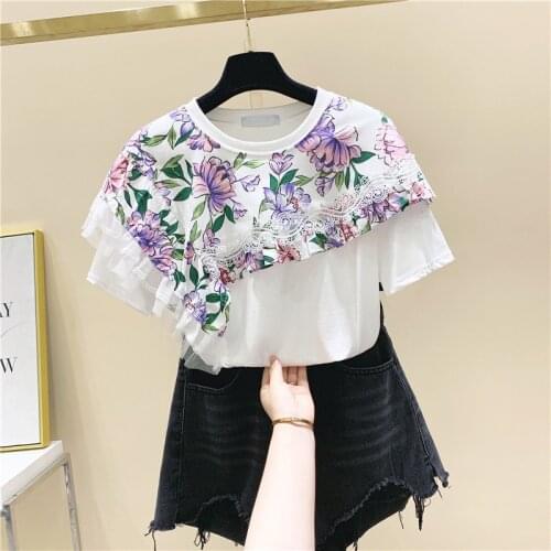 Ladies New Lace Splice Round Neck Cotton Short Sleeve T-shirt Female Summer Loose T Shirt Girls Fashion Tshirt All-match Tops