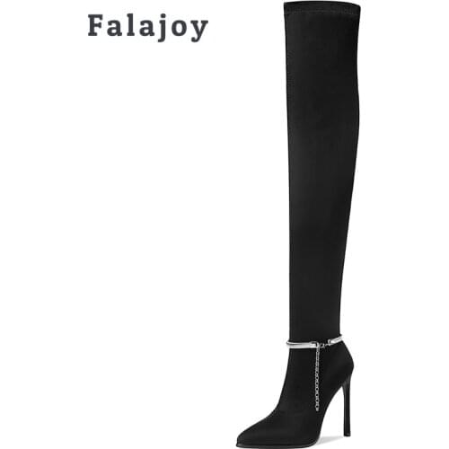 Falajoy Stiletto High Heel Over the Knee Boots Sexy Chain Fashion 2021 Designer Womens Plus Size Boots Thigh High Winter Autumn