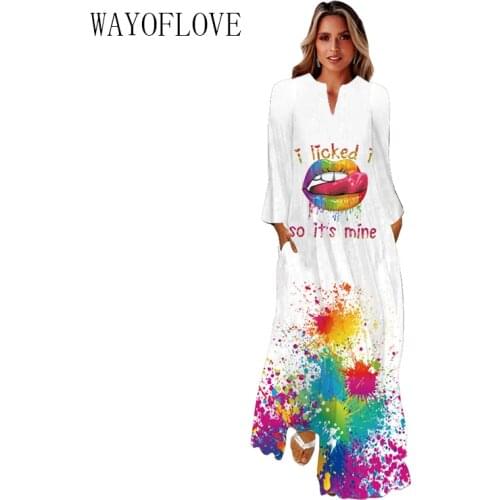 WAYOFLOVE 3D Mouth Print Autumn Long Dress 2021 White V-nenk Casual Long Sleeve Dresses Woman Elegant Girl Plus Size Dress Women