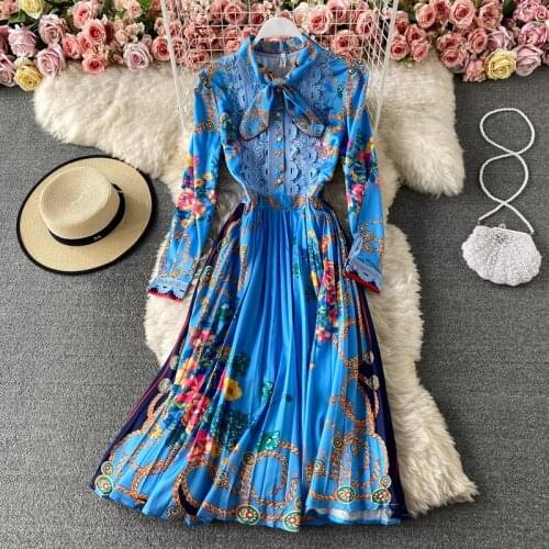 Womens spring autumn runway fashion pleated print dress female bow collar long sleeve chic travel slim beach dress TB1515