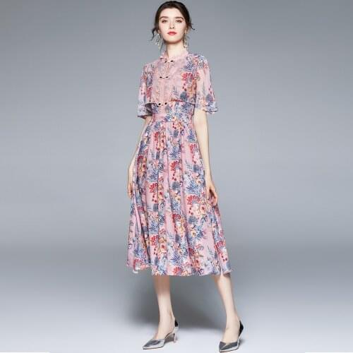 Designer Vintage Cloak Sleeve Chiffon Dress For Women Simple Stand Collar Flower Print Diamonds Button Split Pink Vacation Dress