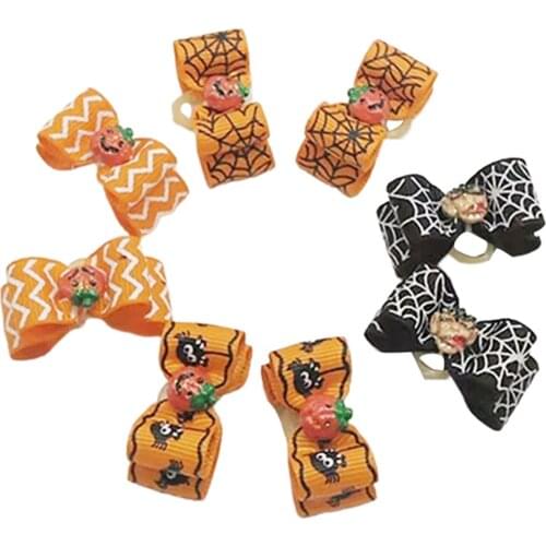 10 PCS Pet Halloween Hair Accessories Spider Web / Wave / Spider Printed Bow Hairdress with Rubber Band