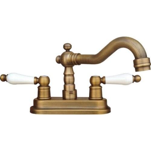 Antique Brass 4" Centerset Bathroom Two Holes Basin Faucet Sink Tap Dual Ceramics Handles Swivel Spout anf326